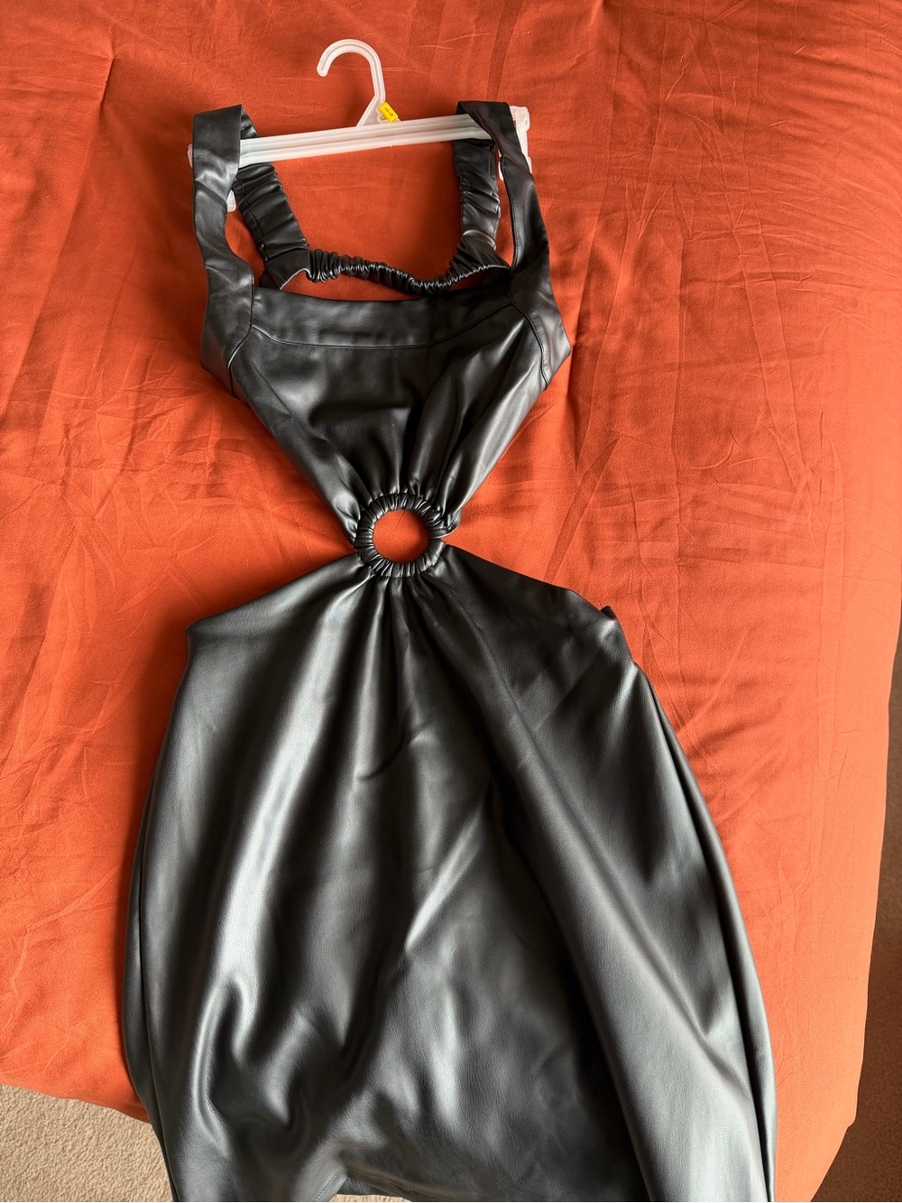 Black Faux Leather Cutout Halter Dress with Ring Detail